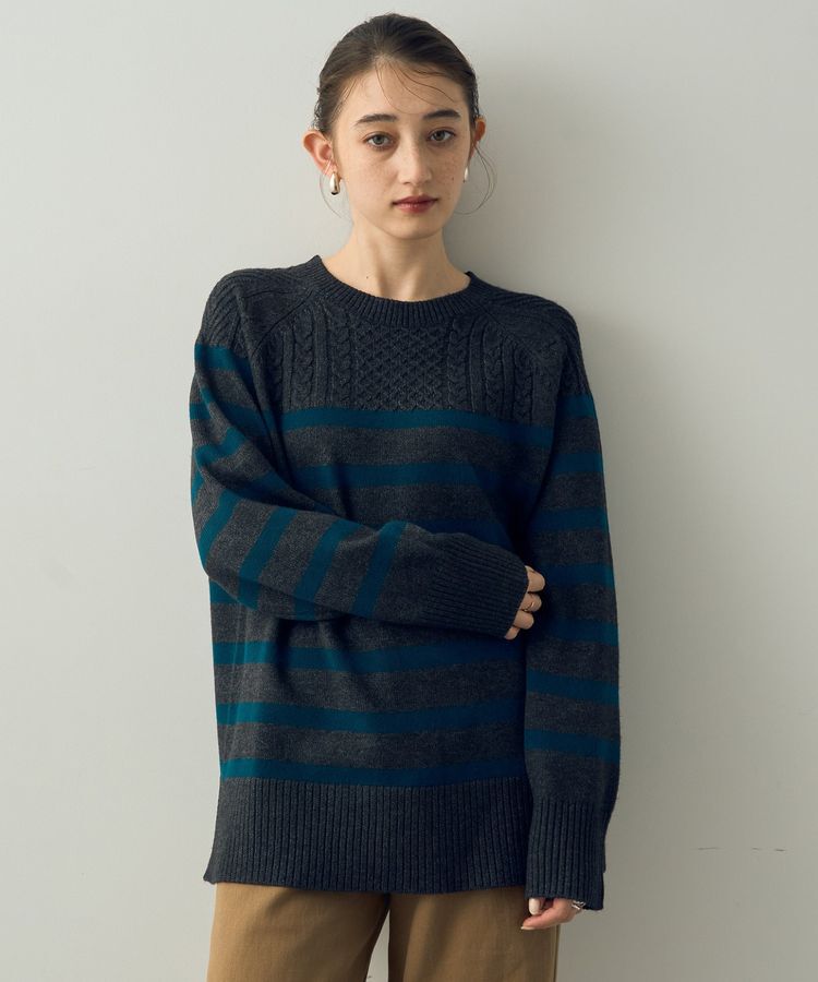 YECCA VECCA「ケーブル&times;ボーダーニット」|ニット・セーター|Charcoal Gray