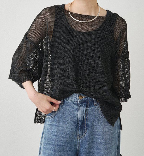  「テープヤーンハーフスリーブニットプルオーバー」|ニット・セーター|ブラック