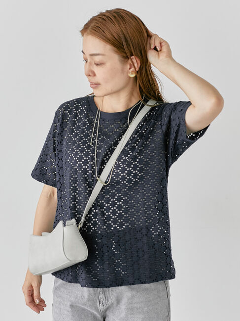 Lugnoncure「カットレースハーフスリーブトップス」|その他|ネイビー