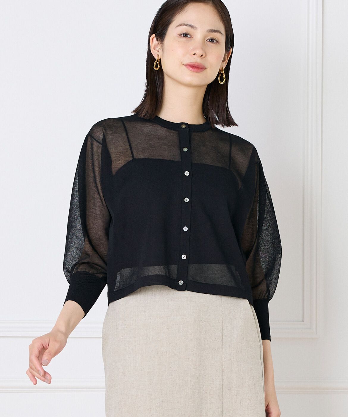 INED「《大きいサイズ》シアーニットカーディガン」|カーディガン|ブラック