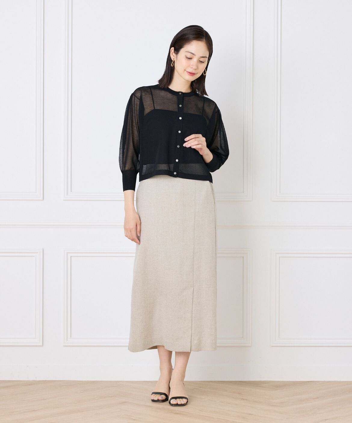 INED「《大きいサイズ》シアーニットカーディガン」|カーディガン|