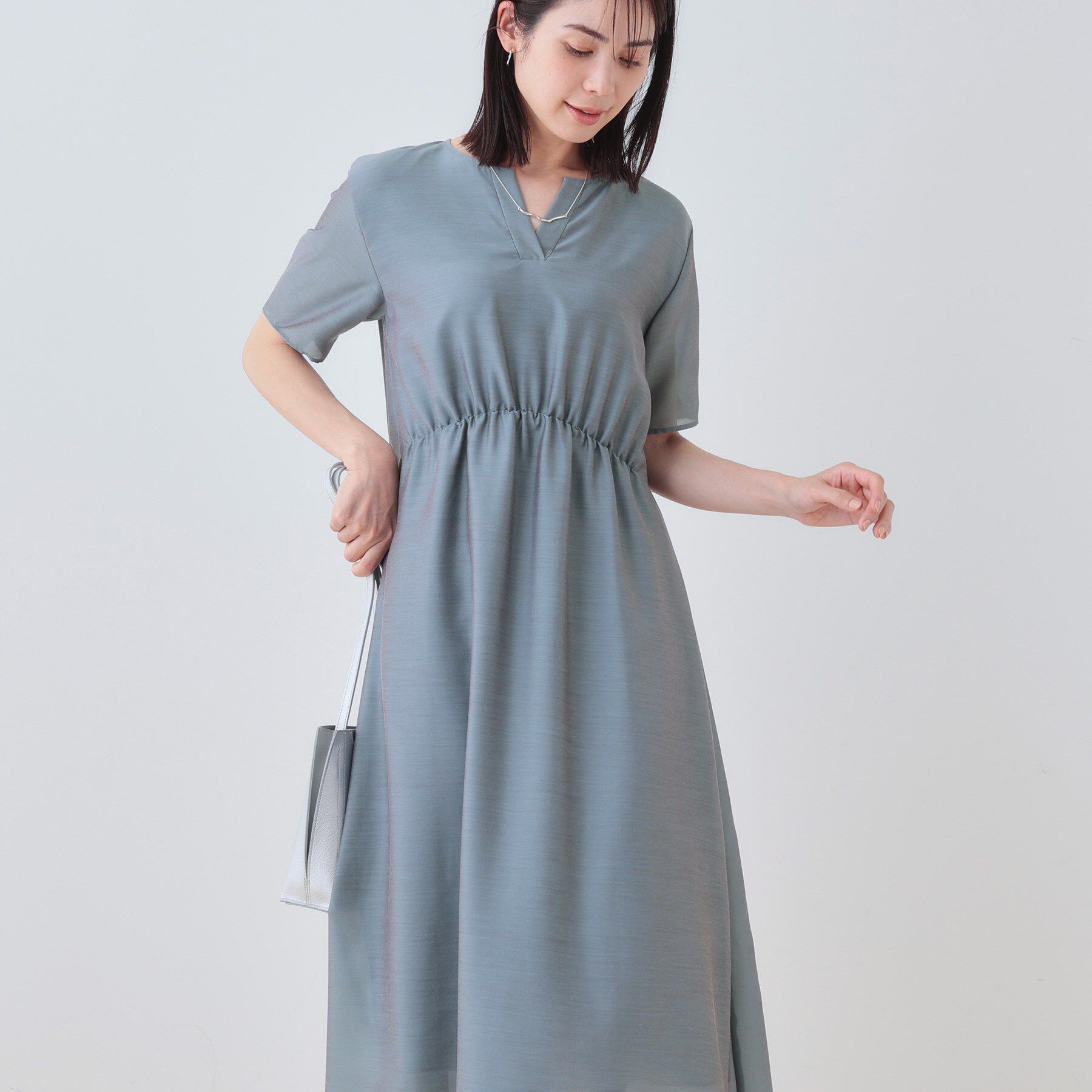 INDIVI「【洗える／エアリー】ハイウエストワンピース」|ワンピース|ブルーグリーン(49