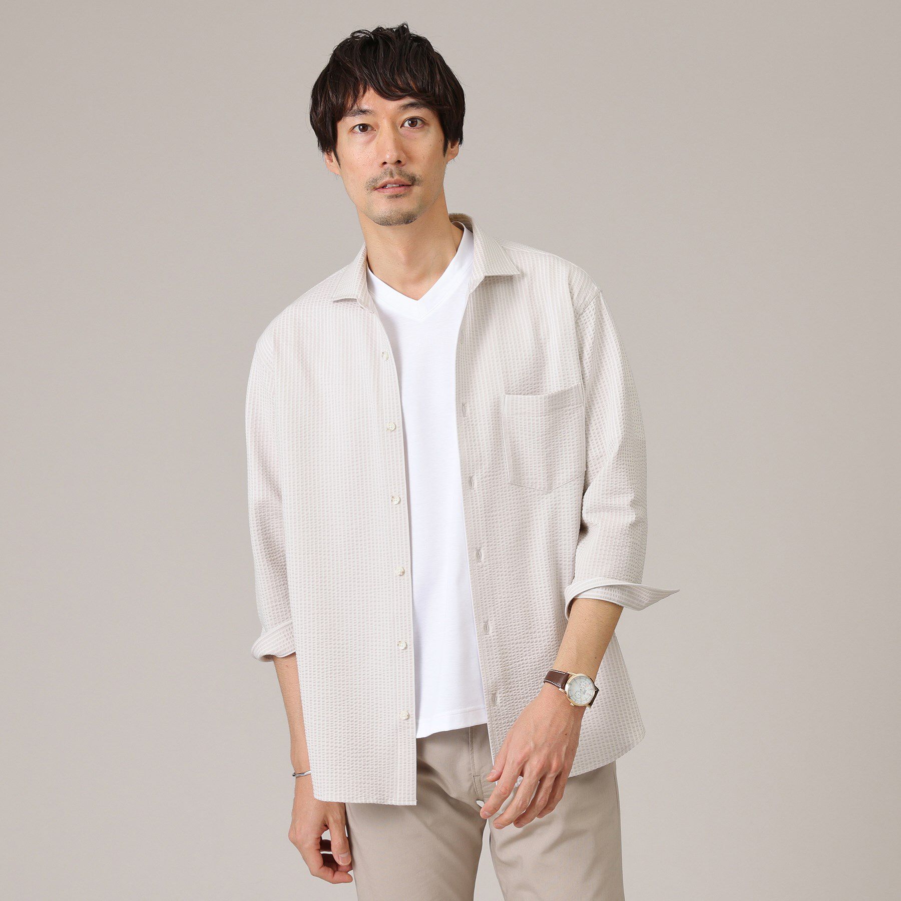 TAKEO KIKUCHI「【抗菌防臭／7分袖】サッカージャージ ストライプシャツ」|シャツ・ブラウス|グレーベージュ(31