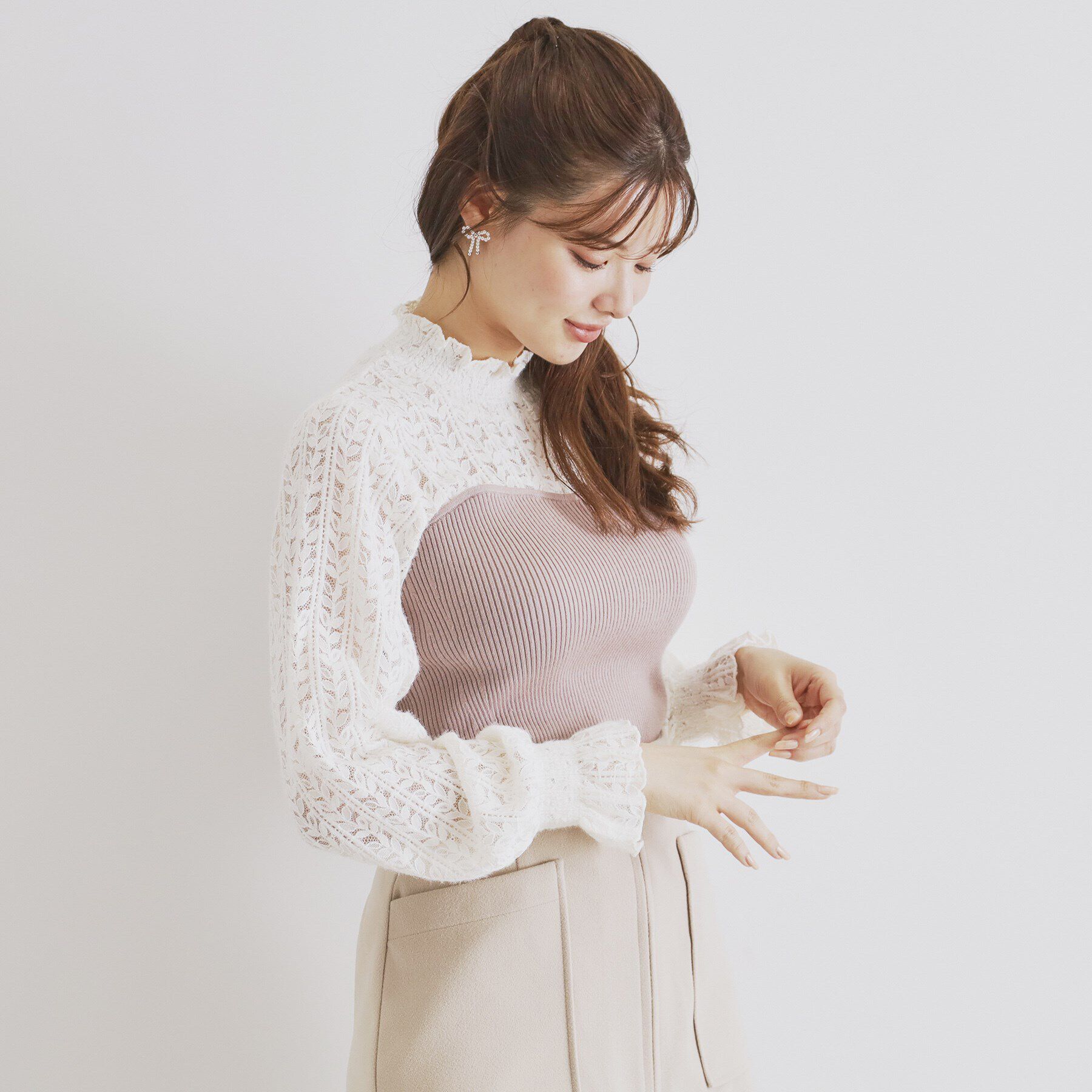 index「レースビスチェドッキングニット【洗える】」|Tシャツ・カットソー|ピンクベージュ(05