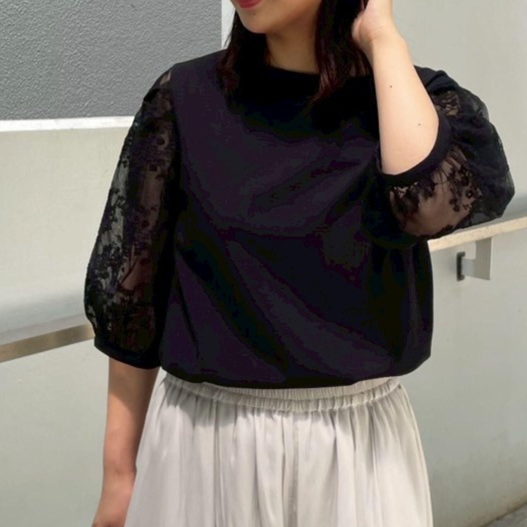 Couture broach「【接触冷感・UV・マシンウォッシャブル】袖レースデザイントップス」|Tシャツ・カットソー|