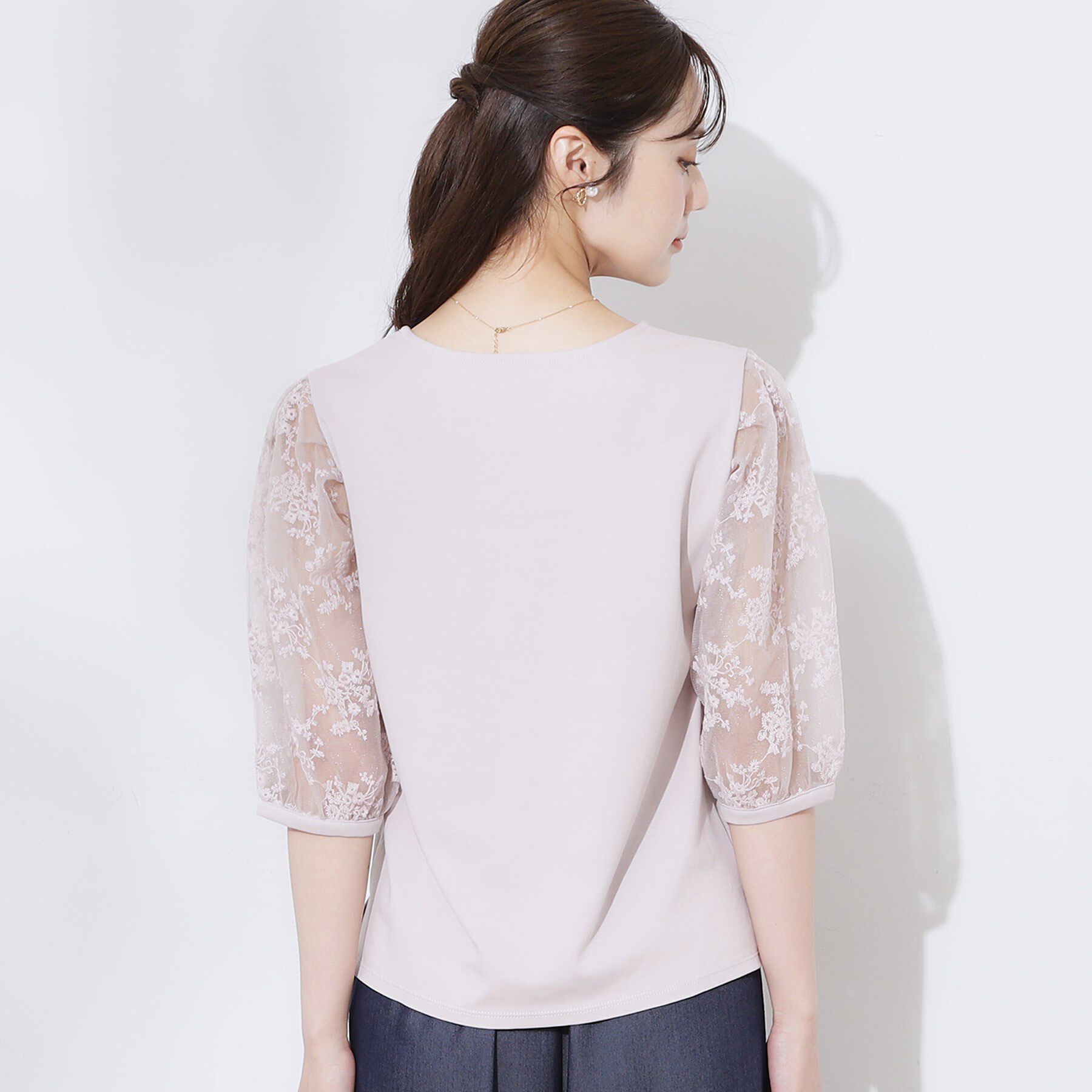 Couture broach「【接触冷感・UV・マシンウォッシャブル】袖レースデザイントップス」|Tシャツ・カットソー|