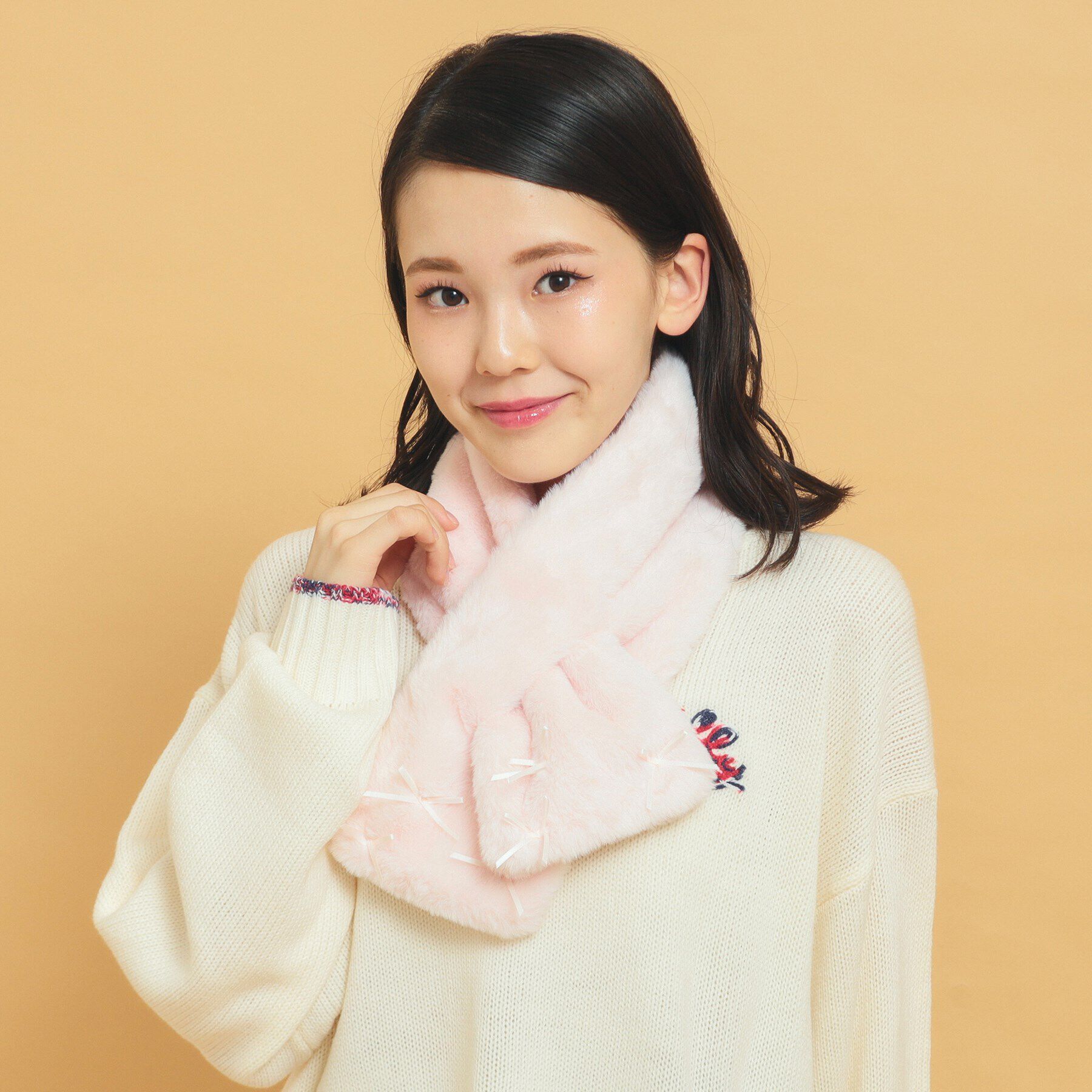 PINK-latte「リボン付きフェイクファーティペット」|マフラー|