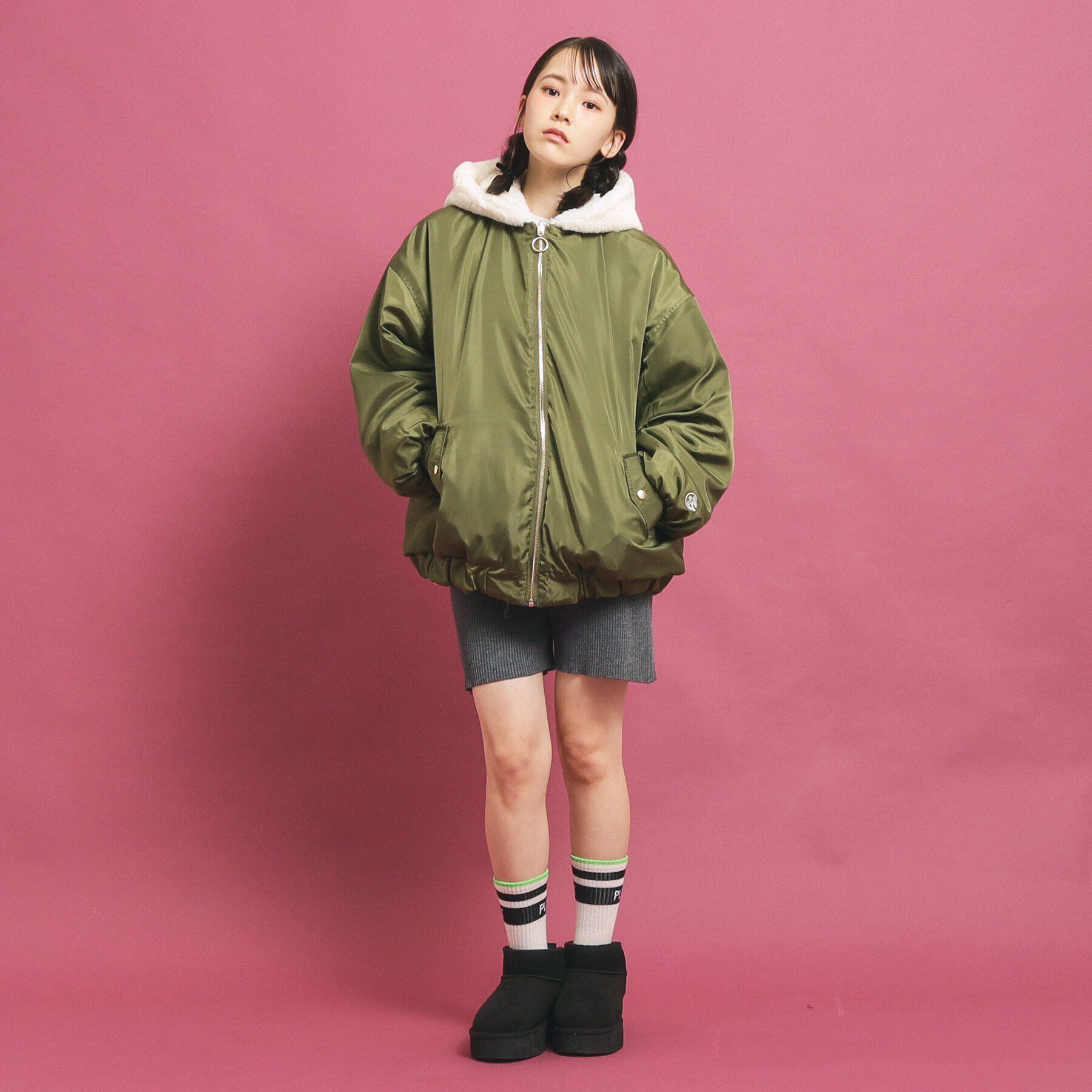 PINK-latte「【フーディ付き】モコモコ リバーシブルエコファー」|ブルゾン・スタジャン|