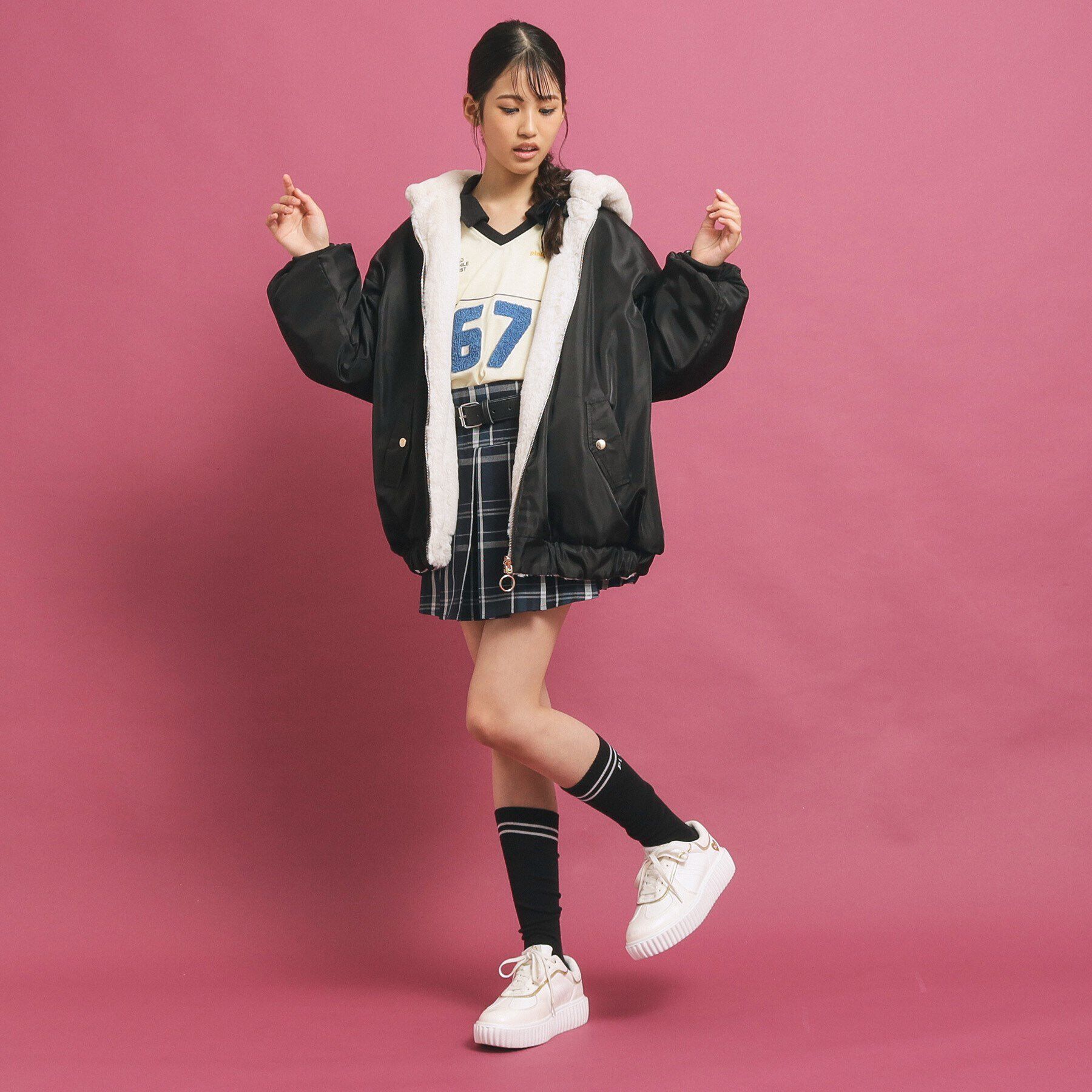 PINK-latte「【フーディ付き】モコモコ リバーシブルエコファー」|ブルゾン・スタジャン|