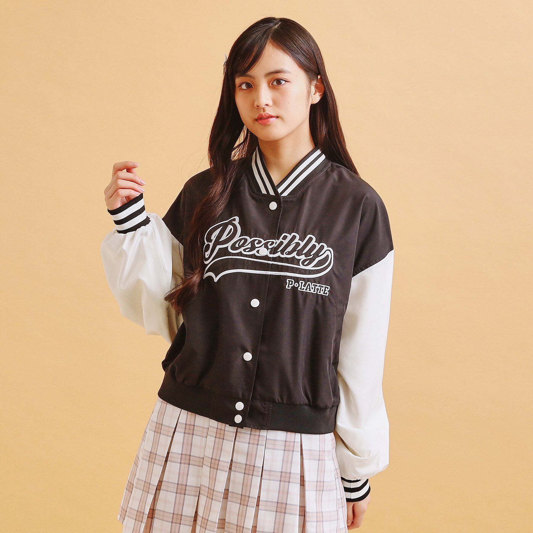 PINK-latte「アップリケスタジャン」|ブルゾン・スタジャン|ブラック(019)