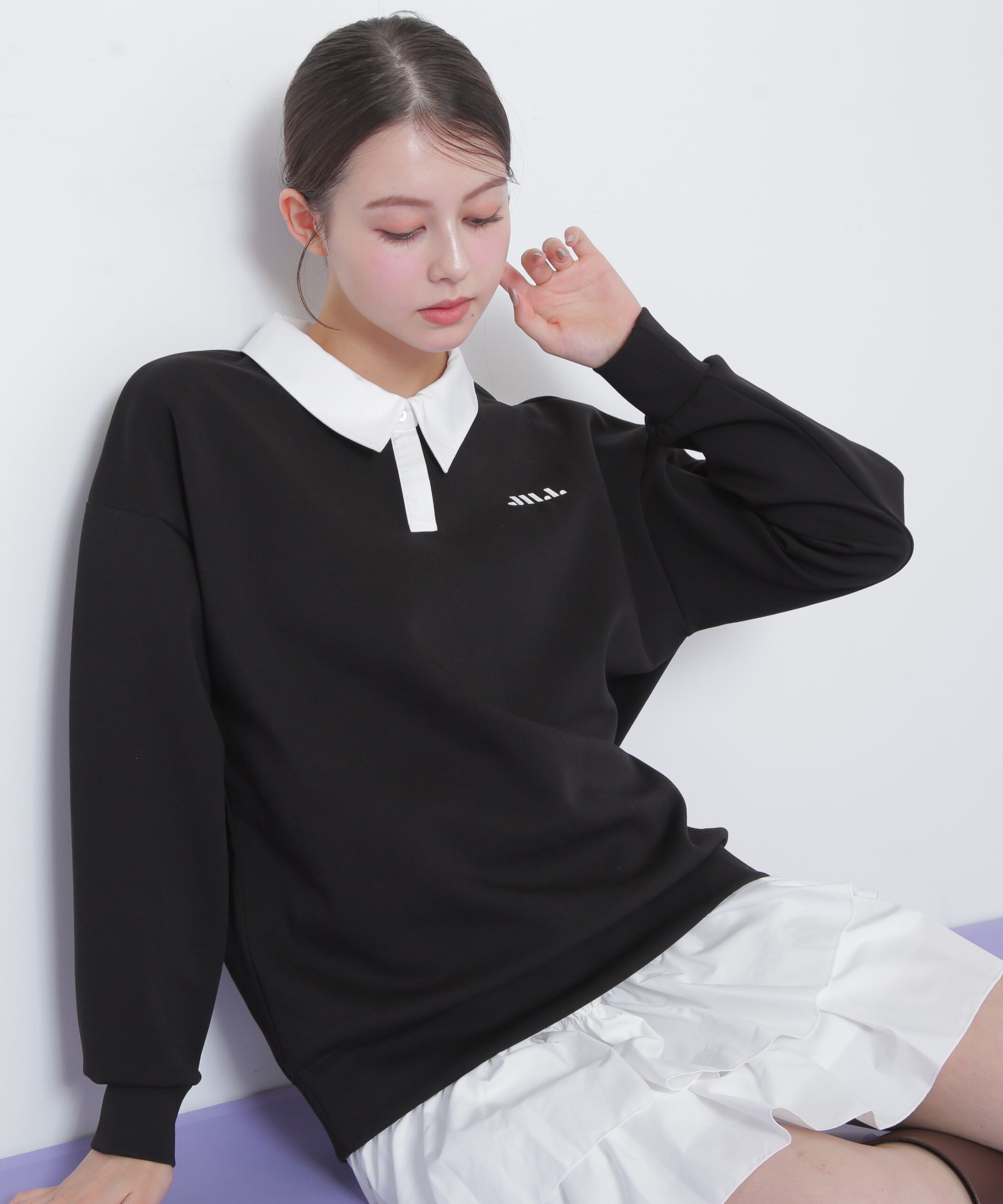  「ポロ衿スウェットフリルミニセットアップ」|ワンピース|ブラック