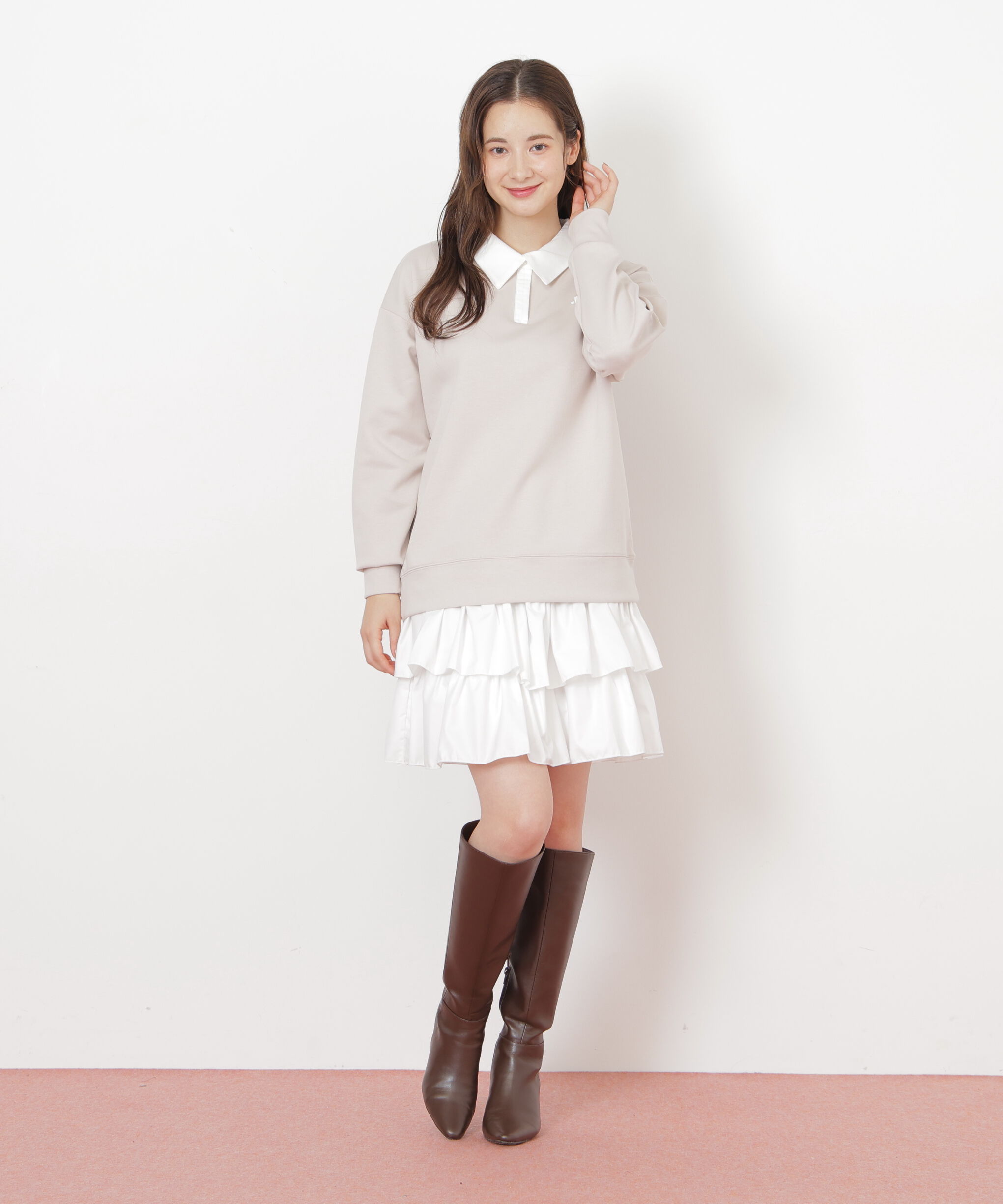  「ポロ衿スウェットフリルミニセットアップ」|ワンピース|