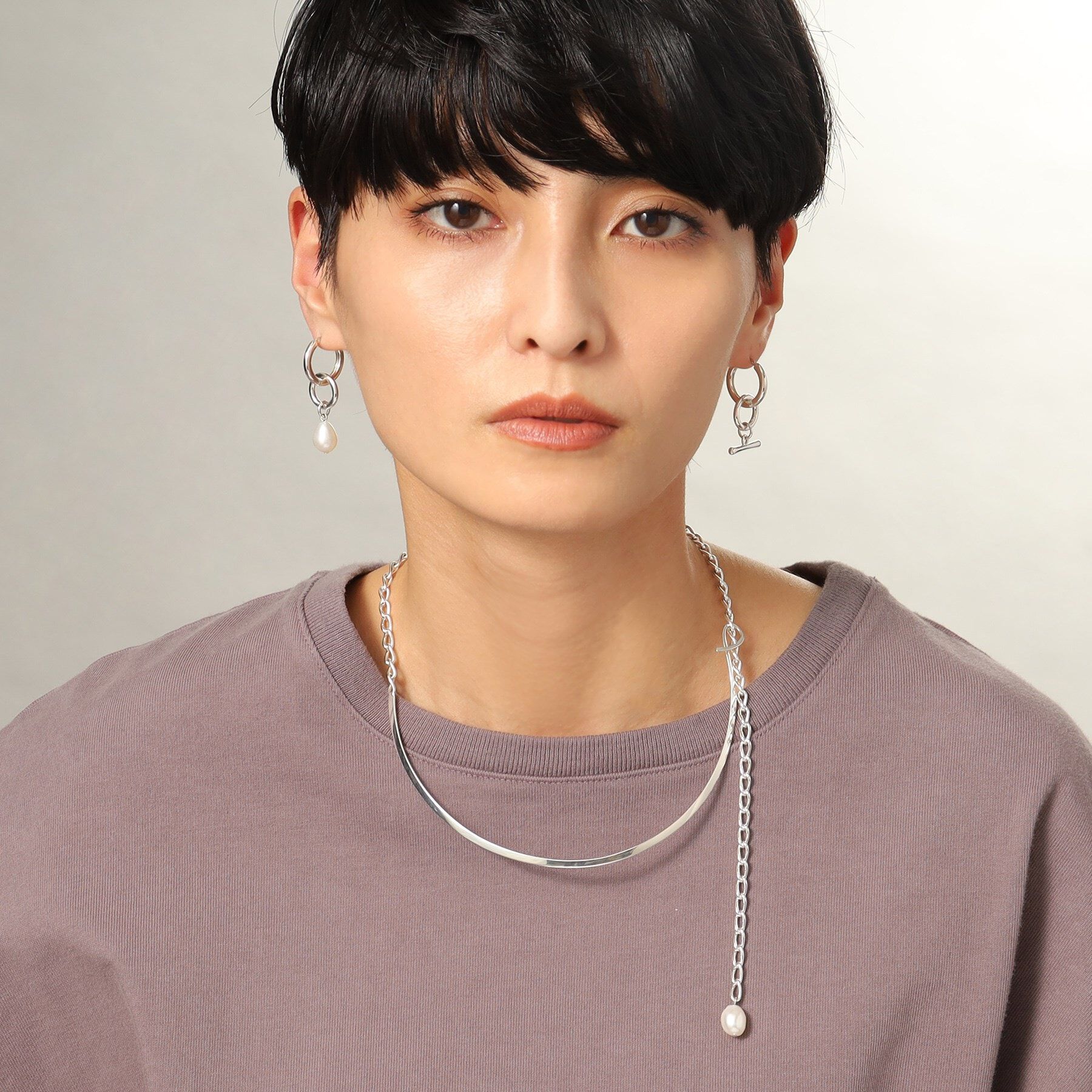 COCOSHNIK ONKITSCH「シルバー マルチチェーンネックレス メタル・パール」|ネックレス|