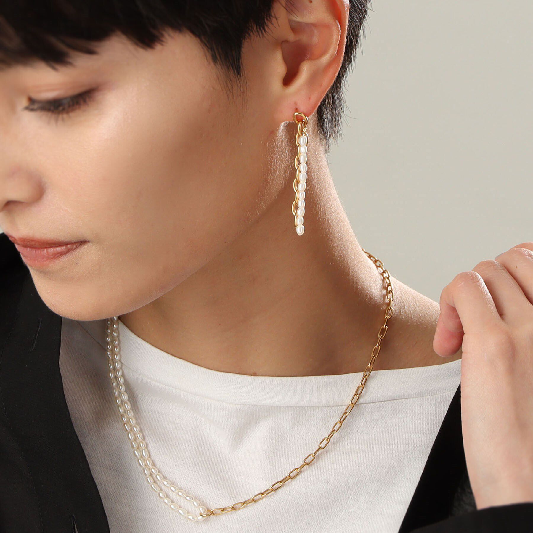 COCOSHNIK ONKITSCH「シルバー バロックパール チェーンコンビネーション スタッドピアス GP」|ピアス|