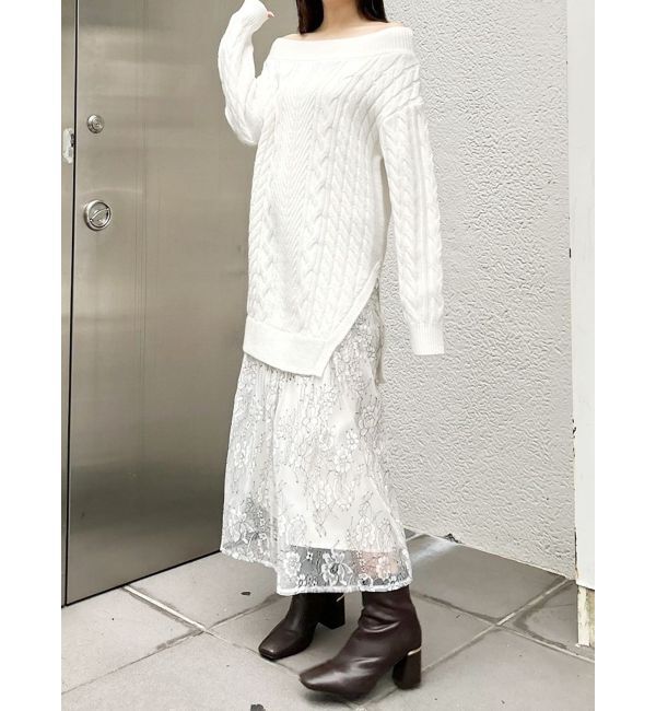 MERCURYDUO「レースドッキングケーブルニットワンピース」|ワンピース|オフホワイト