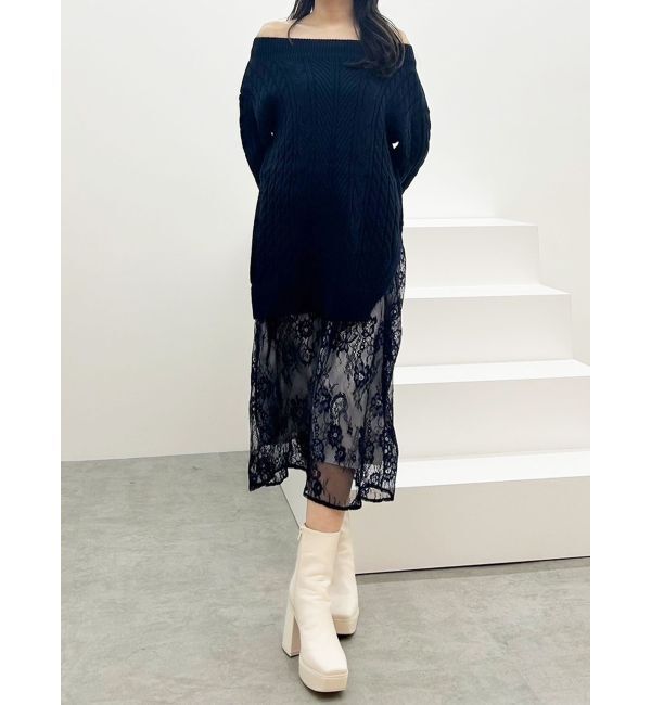 MERCURYDUO「レースドッキングケーブルニットワンピース」|ワンピース|
