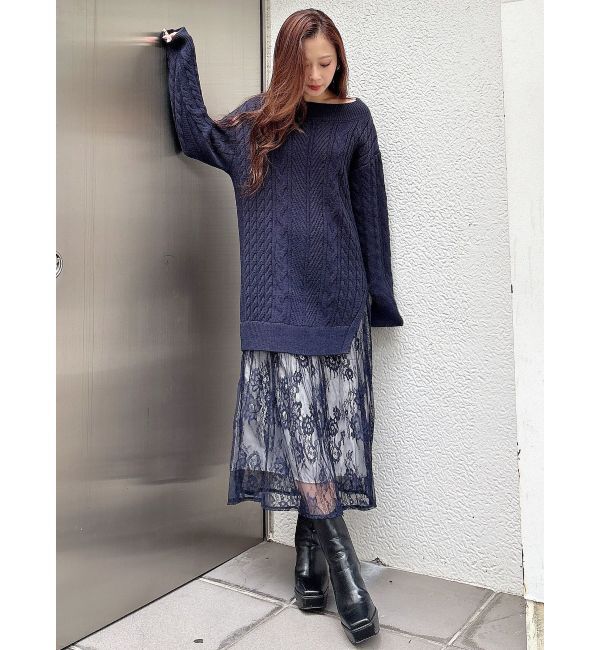 MERCURYDUO「レースドッキングケーブルニットワンピース」|ワンピース|