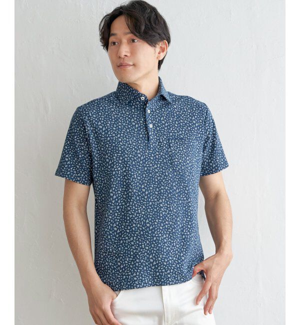IKKA LOUNGE「小花柄プリント鹿の子ポロシャツ」|Tシャツ・カットソー|ネイビー