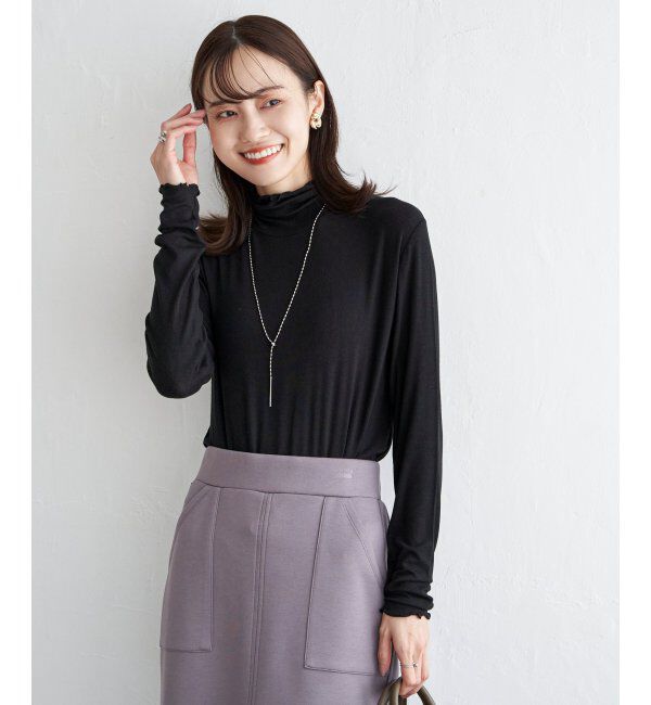 ikka「ハイネックテレコ長袖プルオーバー」|Tシャツ・カットソー|ブラック