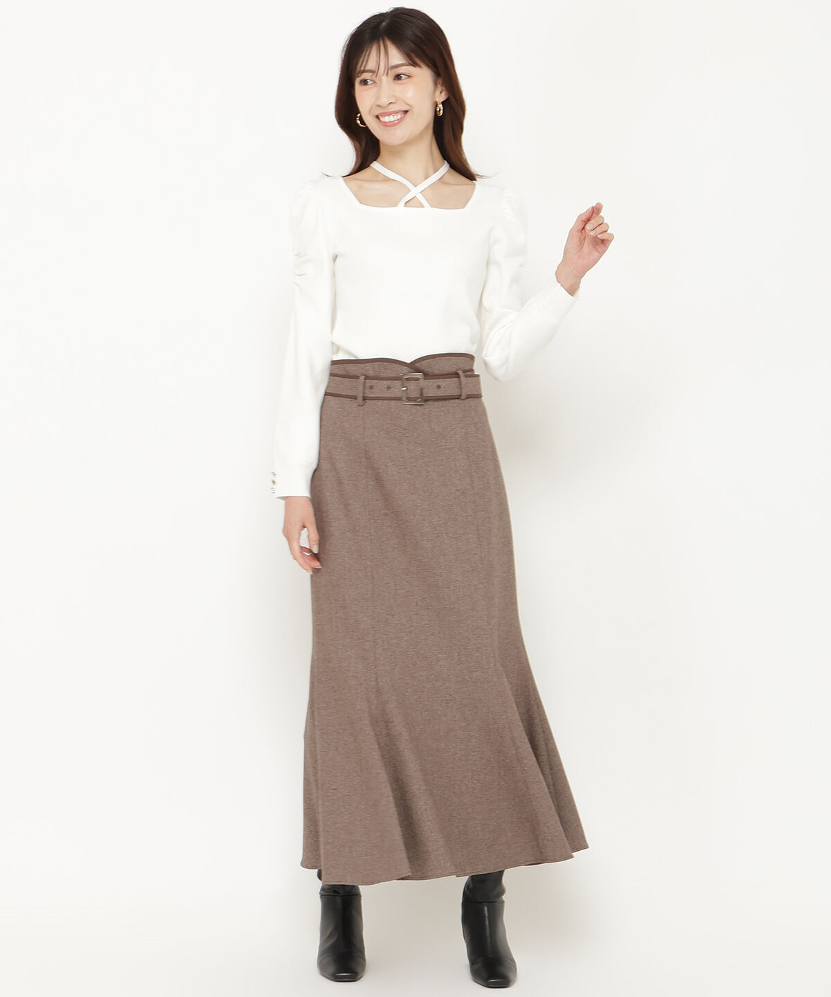 アンドクチュール「ベルト付きパイピングマーメイドスカート」|スカート|ブラウン