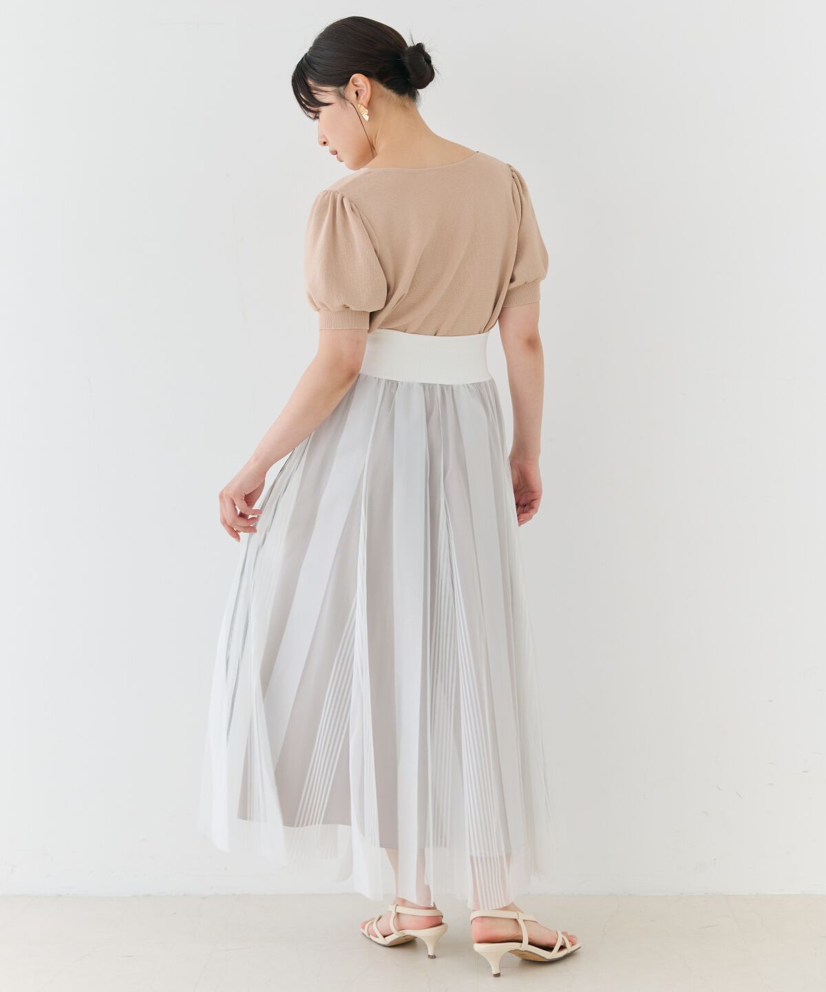 アンドクチュール「ウエストリブサイドラインストライプ&times;チュールロングスカート」|フレア|