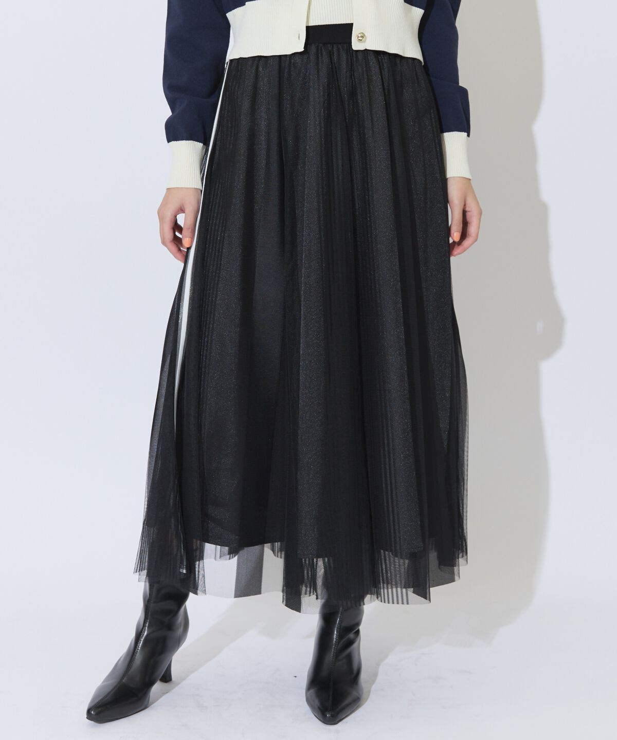 アンドクチュール「ウエストリブサイドラインストライプ&times;チュールロングスカート」|フレア|