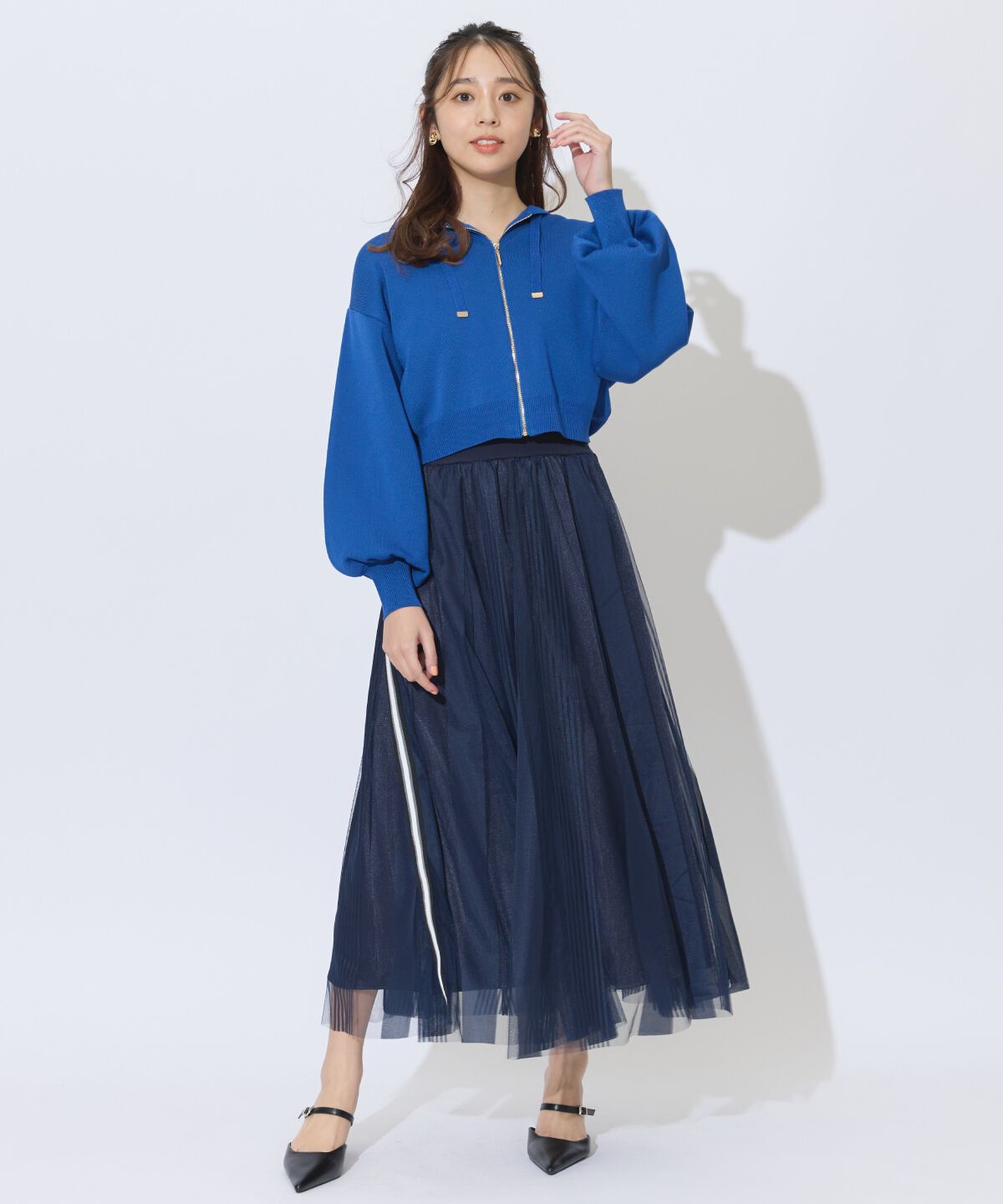 アンドクチュール「ウエストリブサイドラインストライプ&times;チュールロングスカート」|フレア|