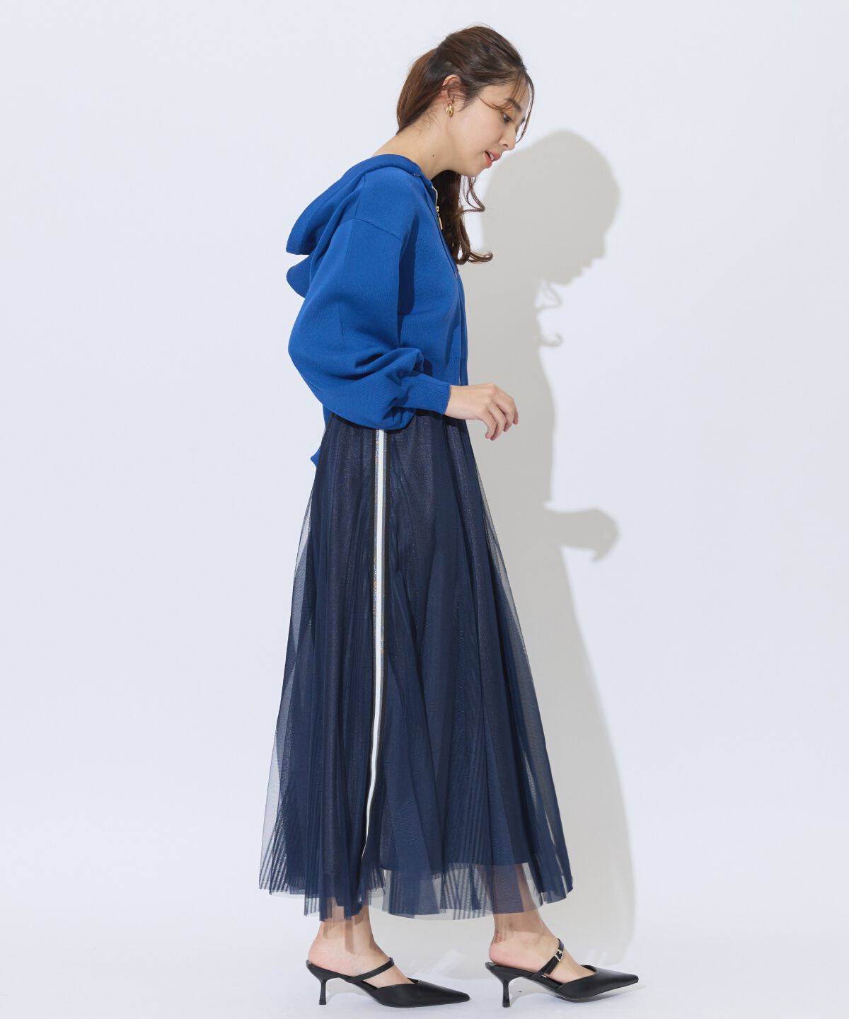 アンドクチュール「ウエストリブサイドラインストライプ&times;チュールロングスカート」|フレア|