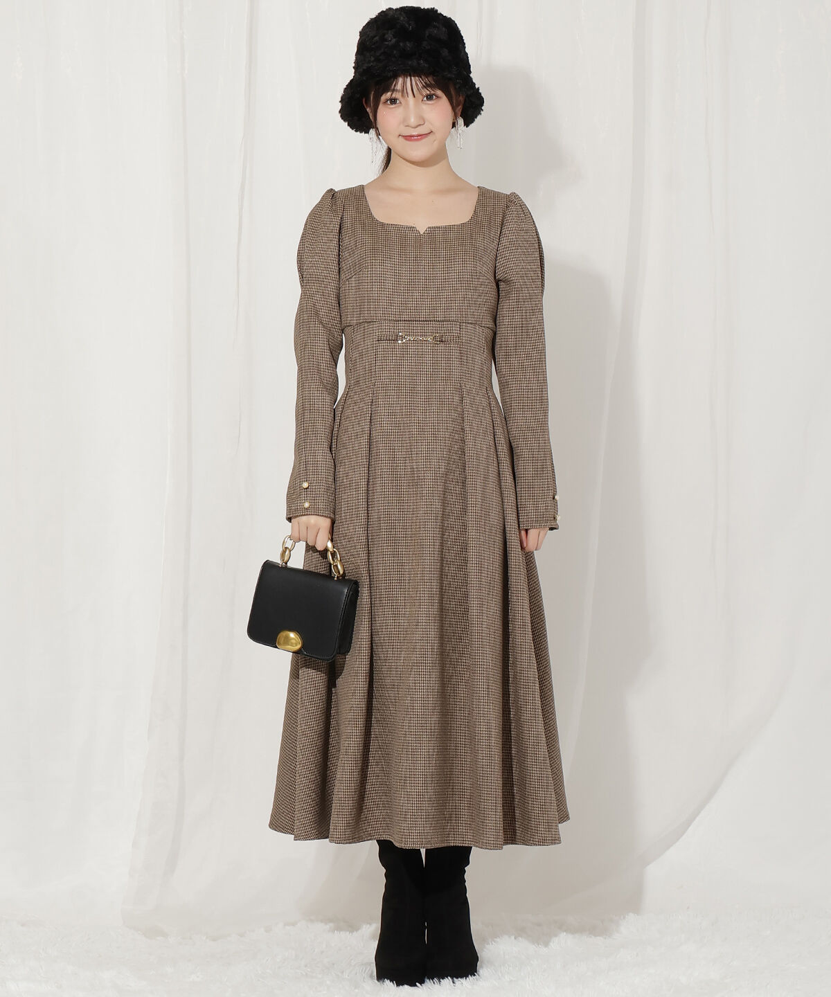 WILLSELECTION「ビット付きハートネック千鳥ワンピース」|ワンピース|茶系チェック