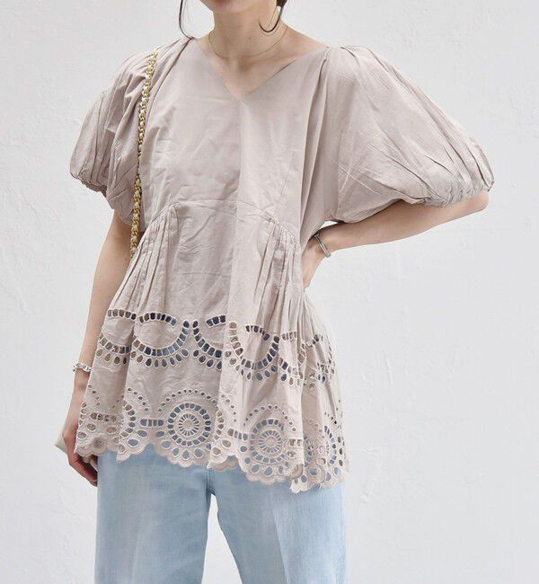 quaranciel「quaranciel:〈洗濯機可能〉コットン カットワーク レース パフスリーブ ブラウス」|シャツ・ブラウス|