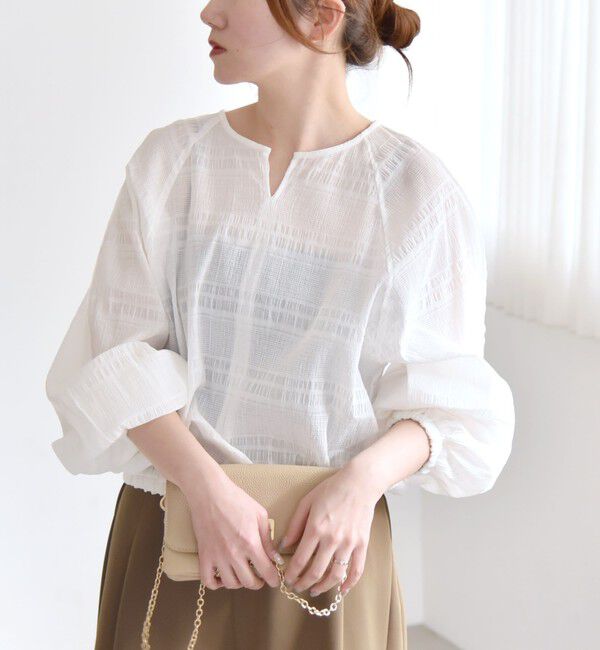 quaranciel「quaranciel:〈洗濯機可能〉シャーリング ボーダー スキッパー ブラウス」|シャツ・ブラウス|ホワイト