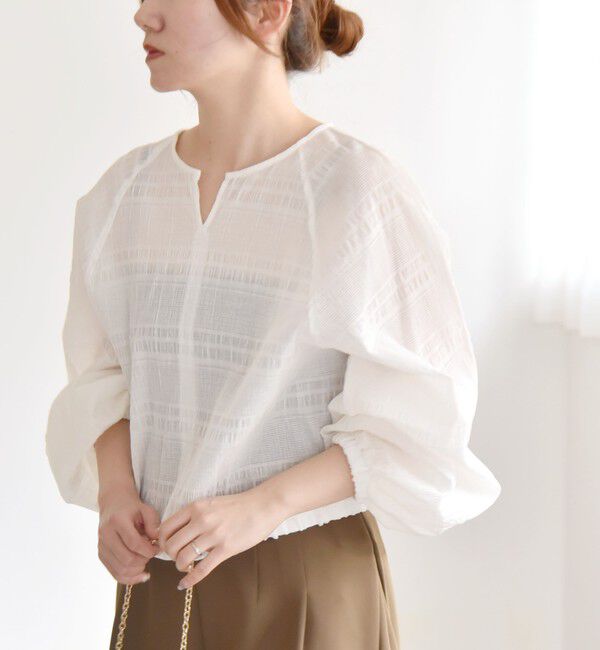 quaranciel「quaranciel:〈洗濯機可能〉シャーリング ボーダー スキッパー ブラウス」|シャツ・ブラウス|