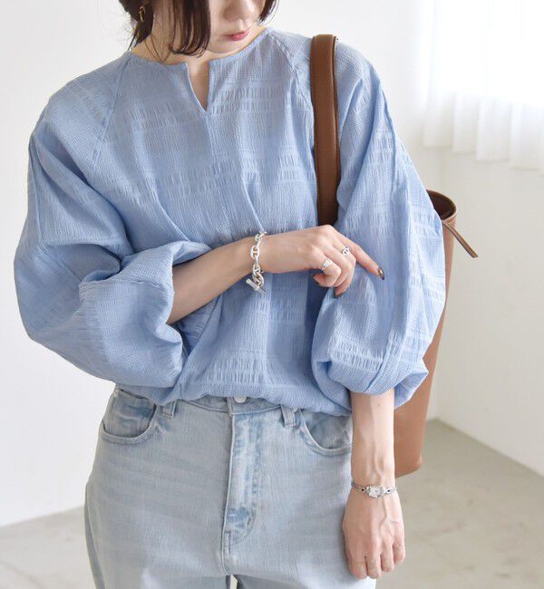 quaranciel「quaranciel:〈洗濯機可能〉シャーリング ボーダー スキッパー ブラウス」|シャツ・ブラウス|