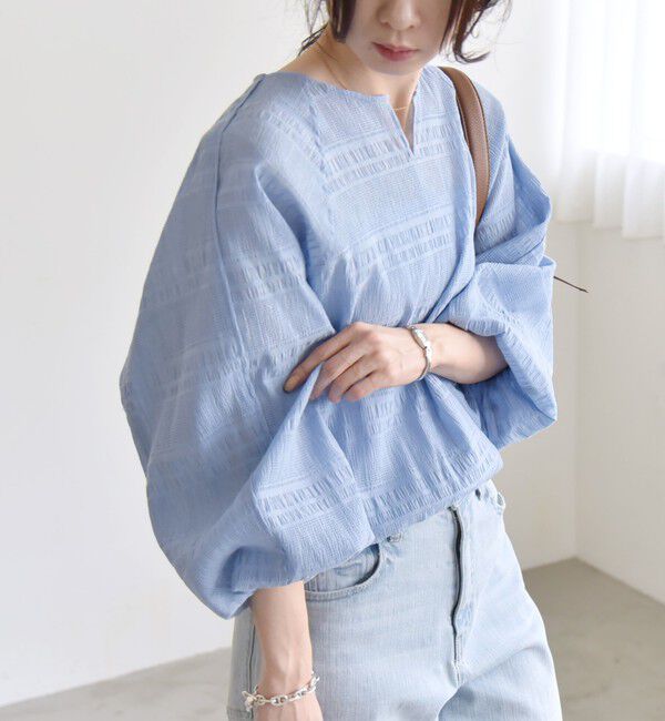 quaranciel「quaranciel:〈洗濯機可能〉シャーリング ボーダー スキッパー ブラウス」|シャツ・ブラウス|