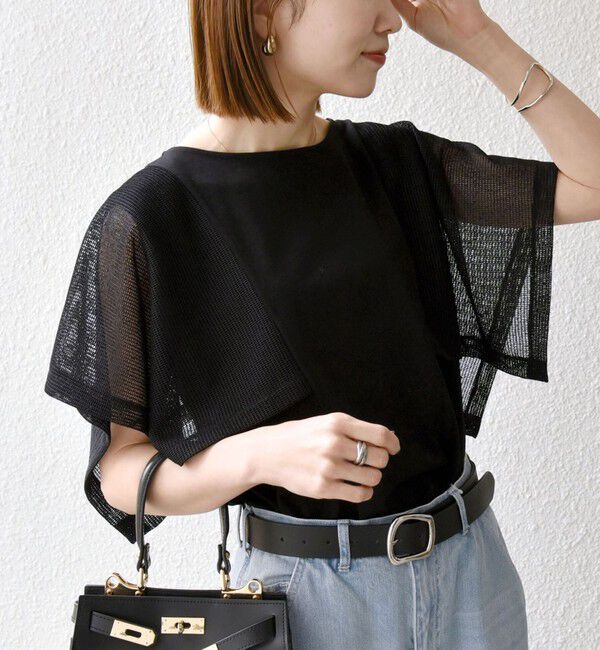 SHIPS any「SHIPS any:〈手洗い可能〉メッシュ シアー ハンカチ スリーブ ドッキング TEE」|Tシャツ・カットソー|ブラック