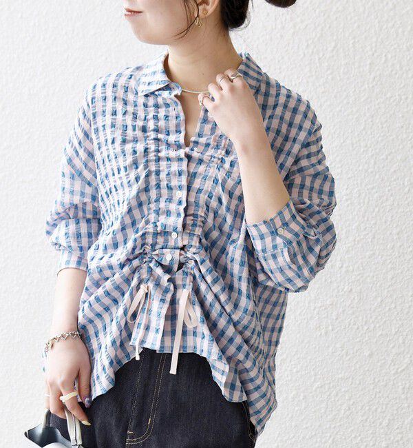 SHIPS any「《予約》SHIPS any:〈洗濯機可能〉ギンガムチェック サッカー ドロスト シャツ ブラウス」|シャツ・ブラウス|ピンク