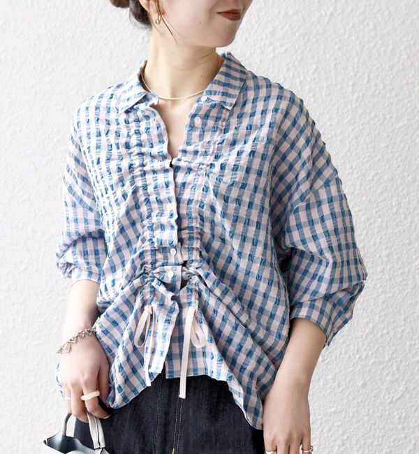 SHIPS any「《予約》SHIPS any:〈洗濯機可能〉ギンガムチェック サッカー ドロスト シャツ ブラウス」|シャツ・ブラウス|