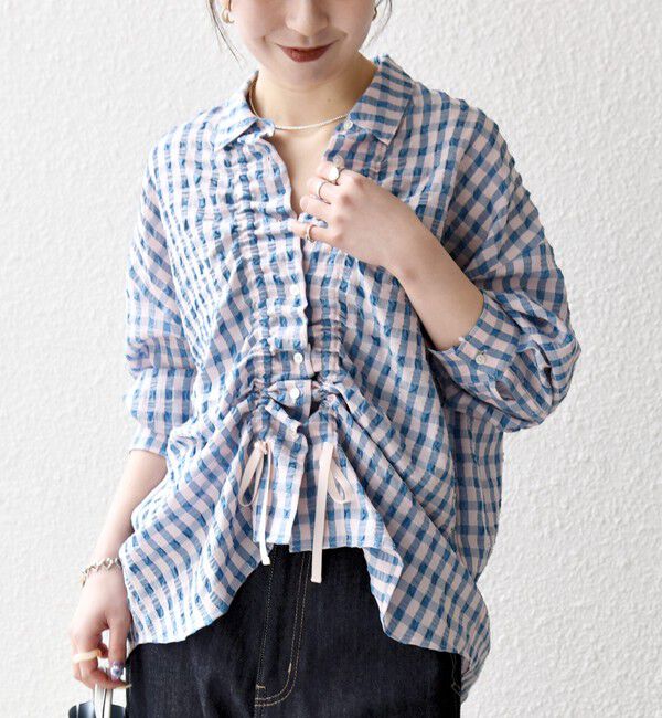 SHIPS any「《予約》SHIPS any:〈洗濯機可能〉ギンガムチェック サッカー ドロスト シャツ ブラウス」|シャツ・ブラウス|