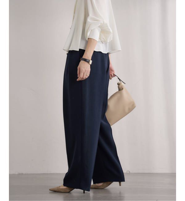 IENA「《予約》&NAVY 撥水ジョーゼットサイドゴムタックパンツ」|スラックス|