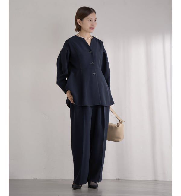 IENA「《予約》&NAVY 撥水ジョーゼットサイドゴムタックパンツ」|スラックス|