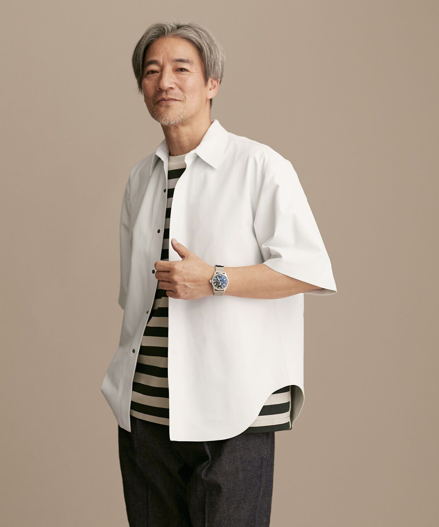 nano･universe「LB.01/レギュラーカラー ハーフスリーブ レザーシャツ」|ライダースジャケット|ホワイト