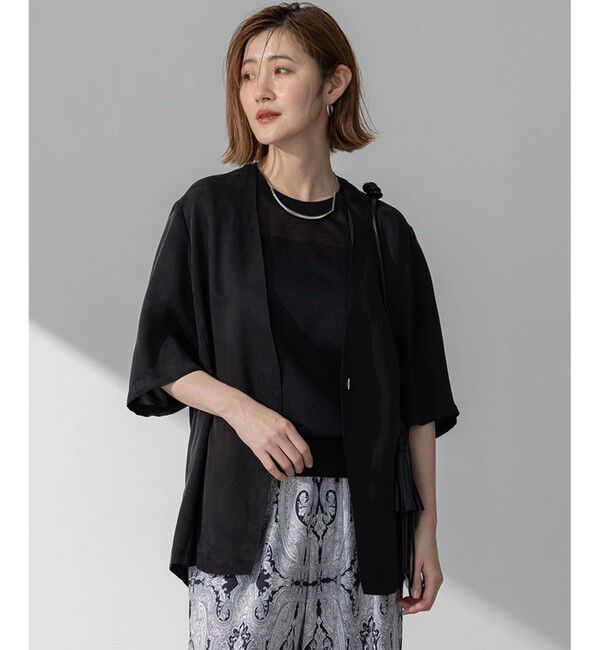 23区「【接触冷感性/洗える】フィブリルツイル ハーフスリーブ ジャケット」|ノーカラージャケット|ブラック系