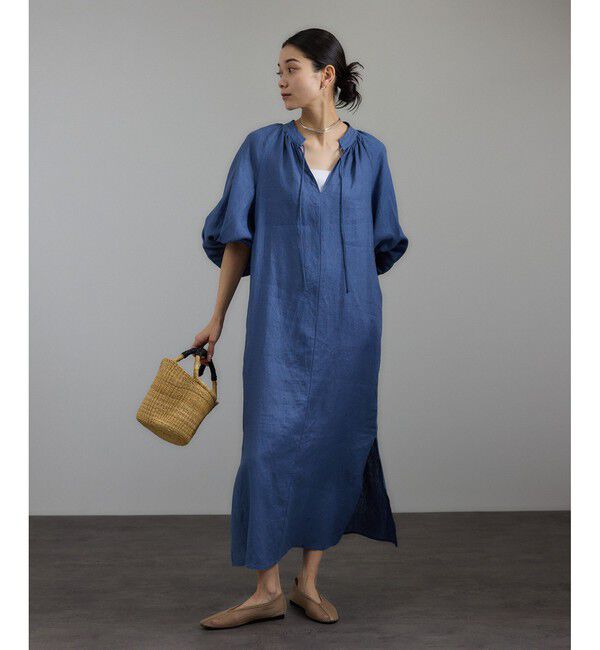 SALON adam et rope'「【WEB限定】ヨーロピアンフラックスリネンワンピース［洗える］」|ワンピース|ブルー系(45)