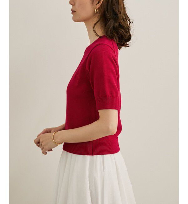 ROPE「【洗える】クルーネックミドルゲージ5分袖ニット【オーガニックコットン】/セットイン対応」|ニット・セーター|