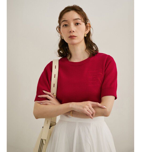 ROPE「【洗える】クルーネックミドルゲージ5分袖ニット【オーガニックコットン】/セットイン対応」|ニット・セーター|赤メイン