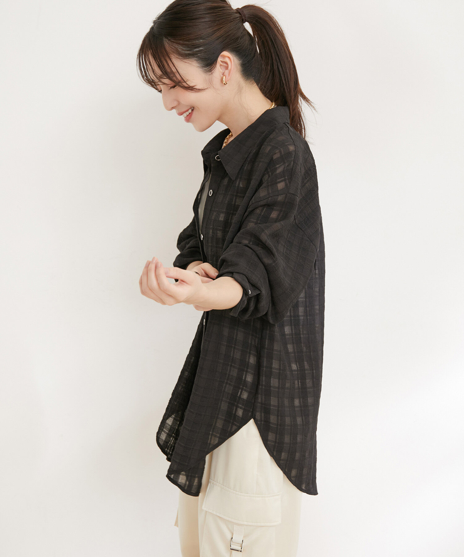 VIS「【洗える】オーバーサイズチェックシアーシャツ」|シャツ・ブラウス|