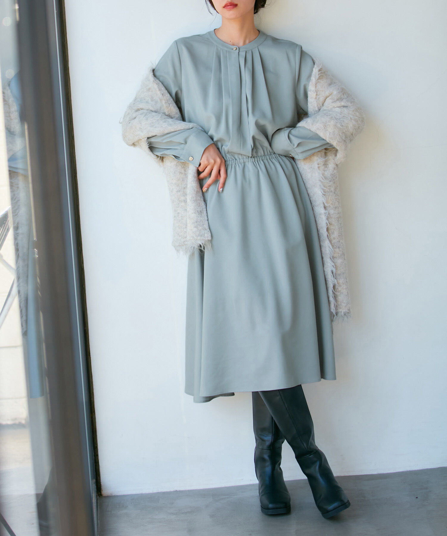 VIS「【選べる着丈・洗える】フロントタック長袖ワンピース【WEB・アウトレット限定】」|ワンピース|サックス(48)