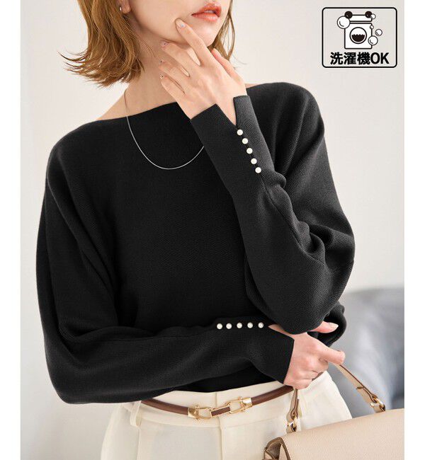 Rope&rsquo;Picnic「【洗濯機OK・アンチピリング】マシュマロ袖パールドルマンニット」|ニット・セーター|ブラック(01)