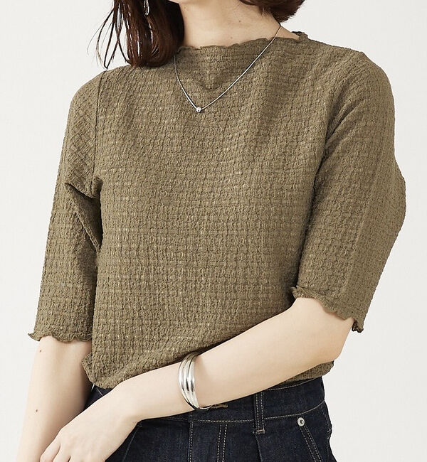 abahouse mavie「シャーリング5分袖プルオーバー」|Tシャツ・カットソー|カーキ