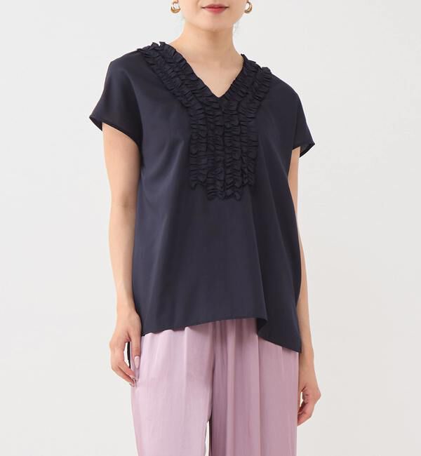 TIARA「Vネックフリルブラウス」|シャツ・ブラウス|ネイビー